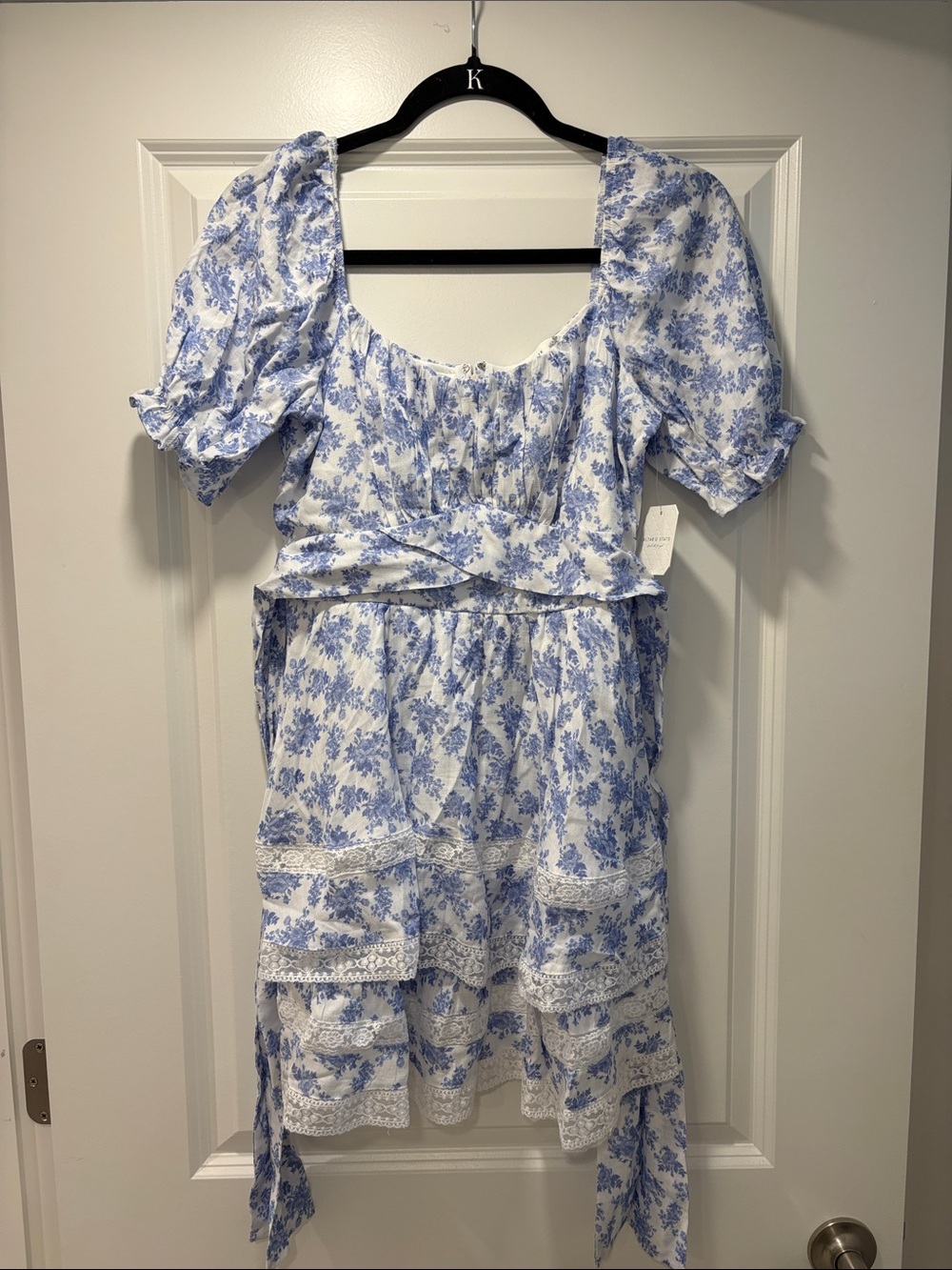 Blue Floral Tiered Dress with Puff Sleeves